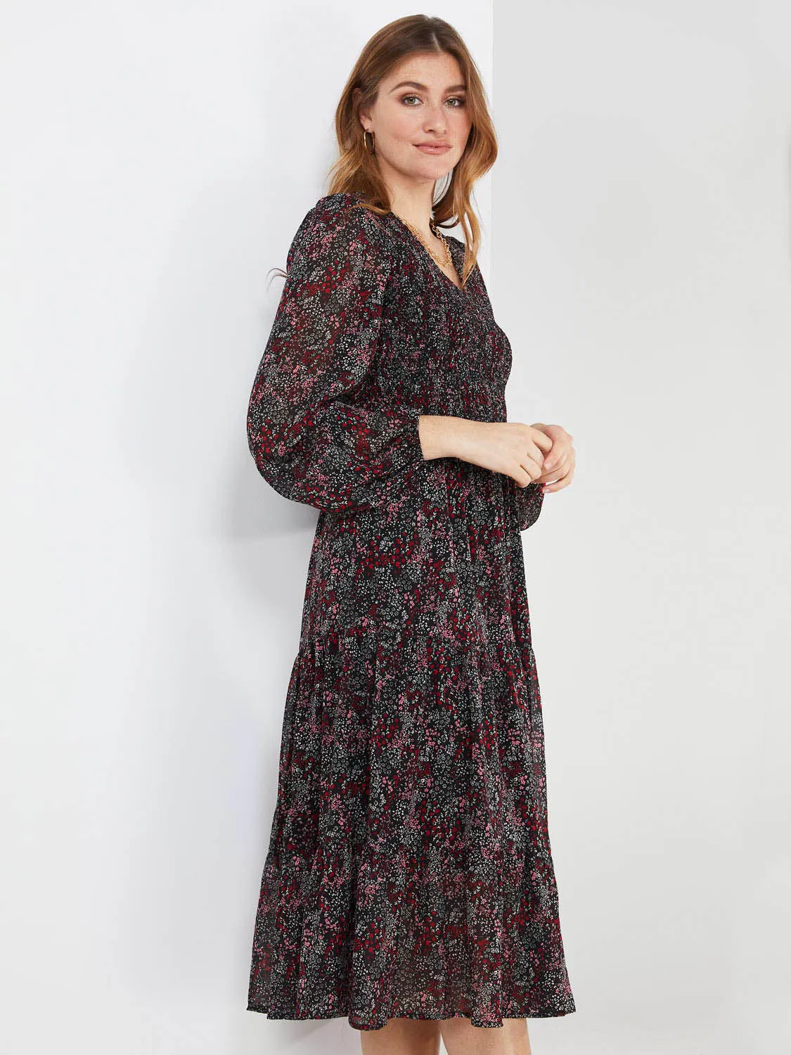 Printed Smocked V-Neck Midi Dress sold by Suzy Shier product image thumbnail 2