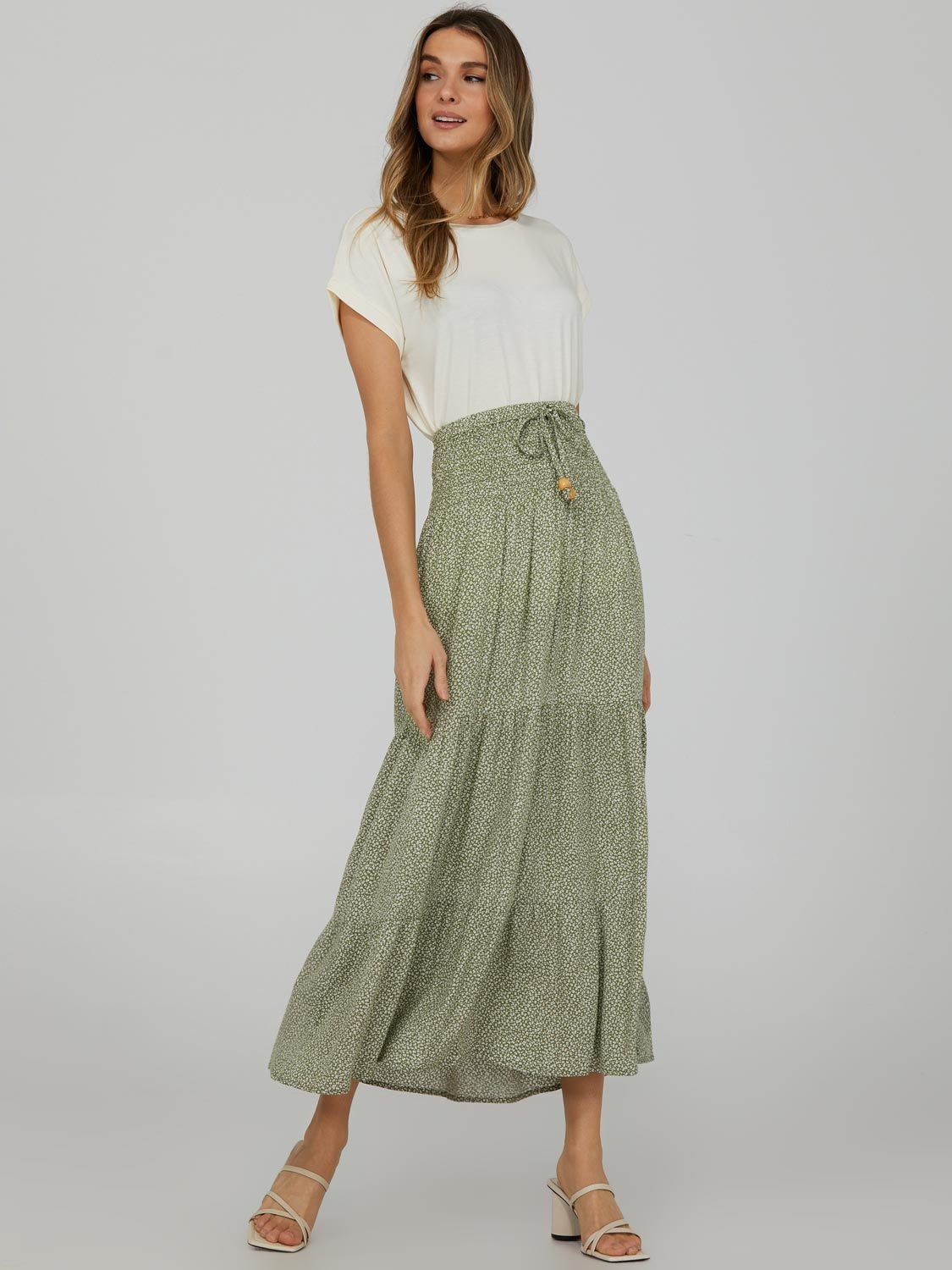 3-Tier Printed Smocked Maxi Skirt sold by Suzy Shier