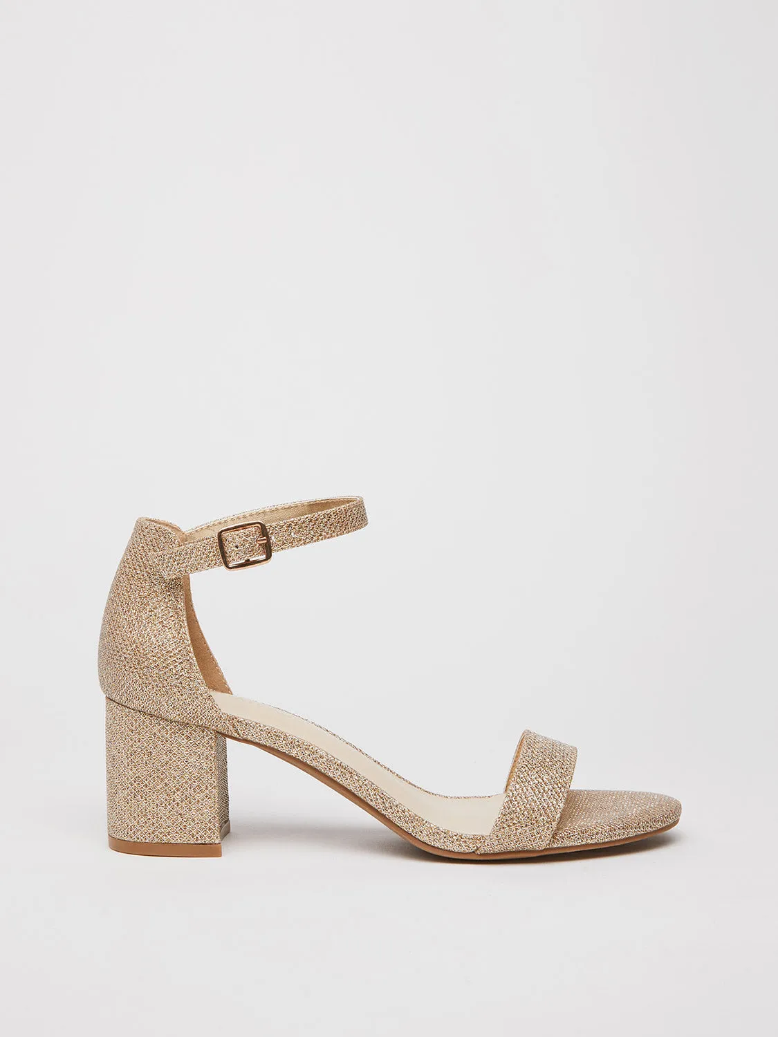 Glitter Ankle Strap Block Heel Sandal sold by Suzy Shier