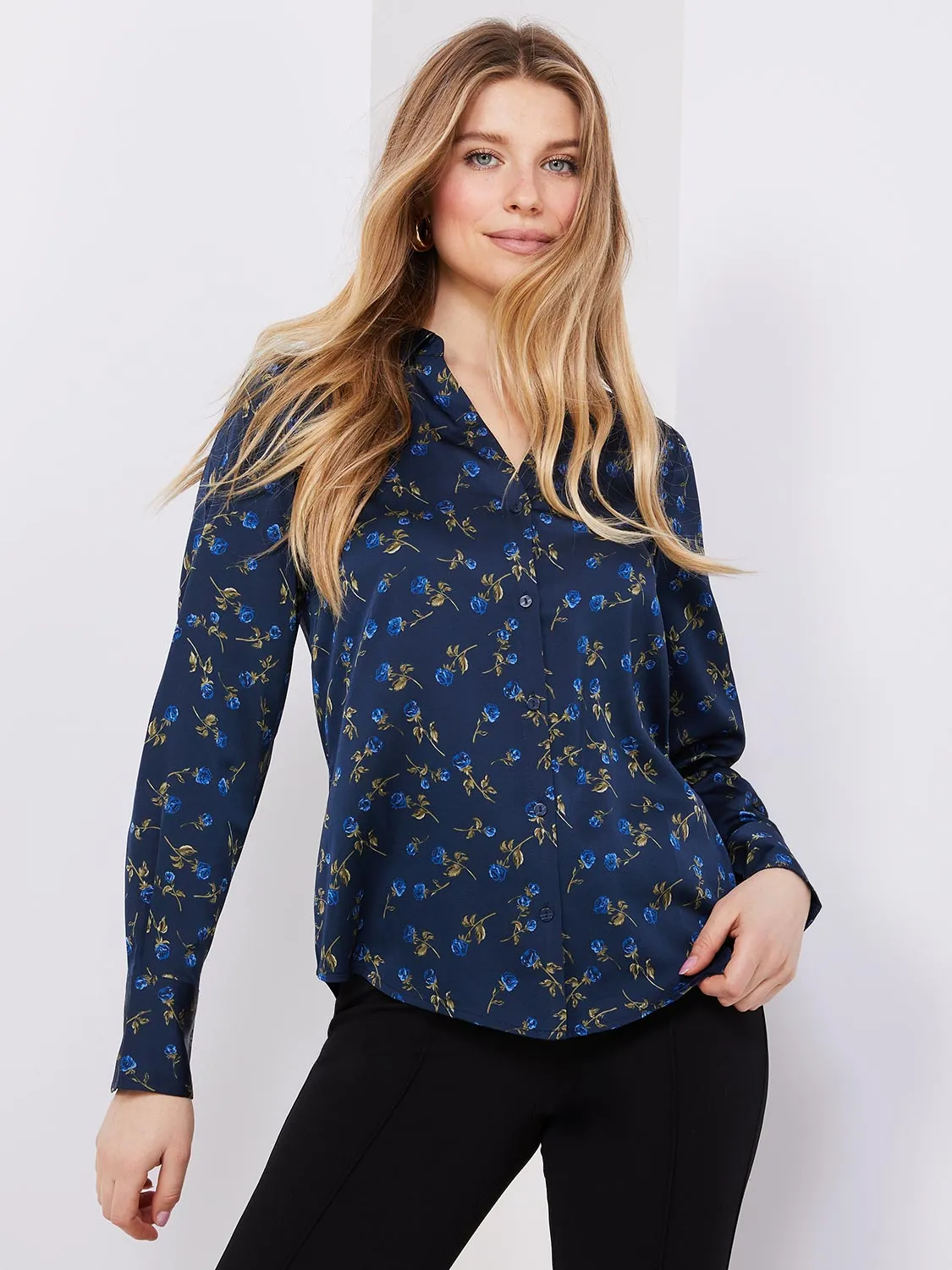 Floral Print Satin Split Neck Button-Front Blouse sold by Suzy Shier product image thumbnail 3