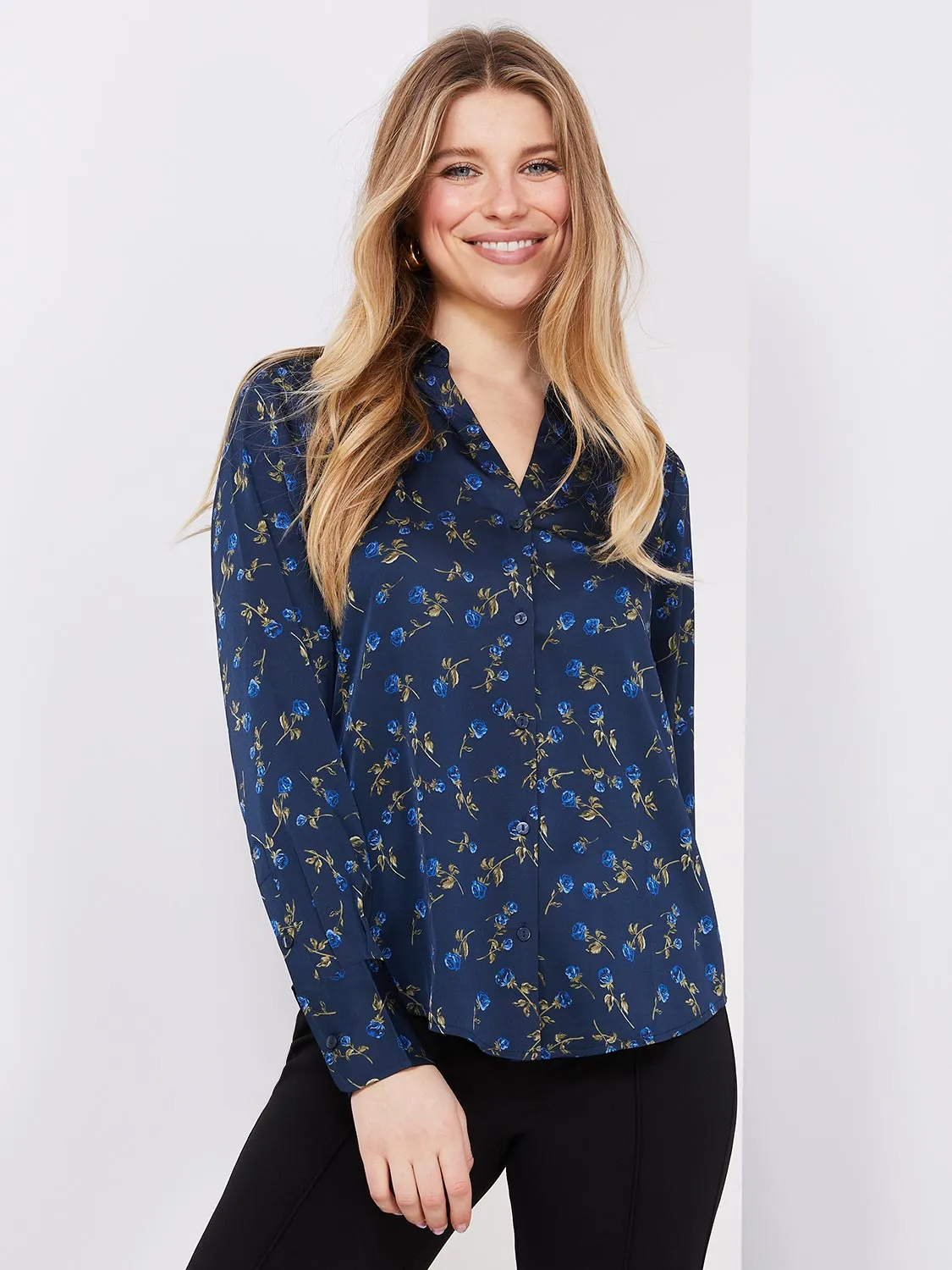 Floral Print Satin Split Neck Button-Front Blouse sold by Suzy Shier