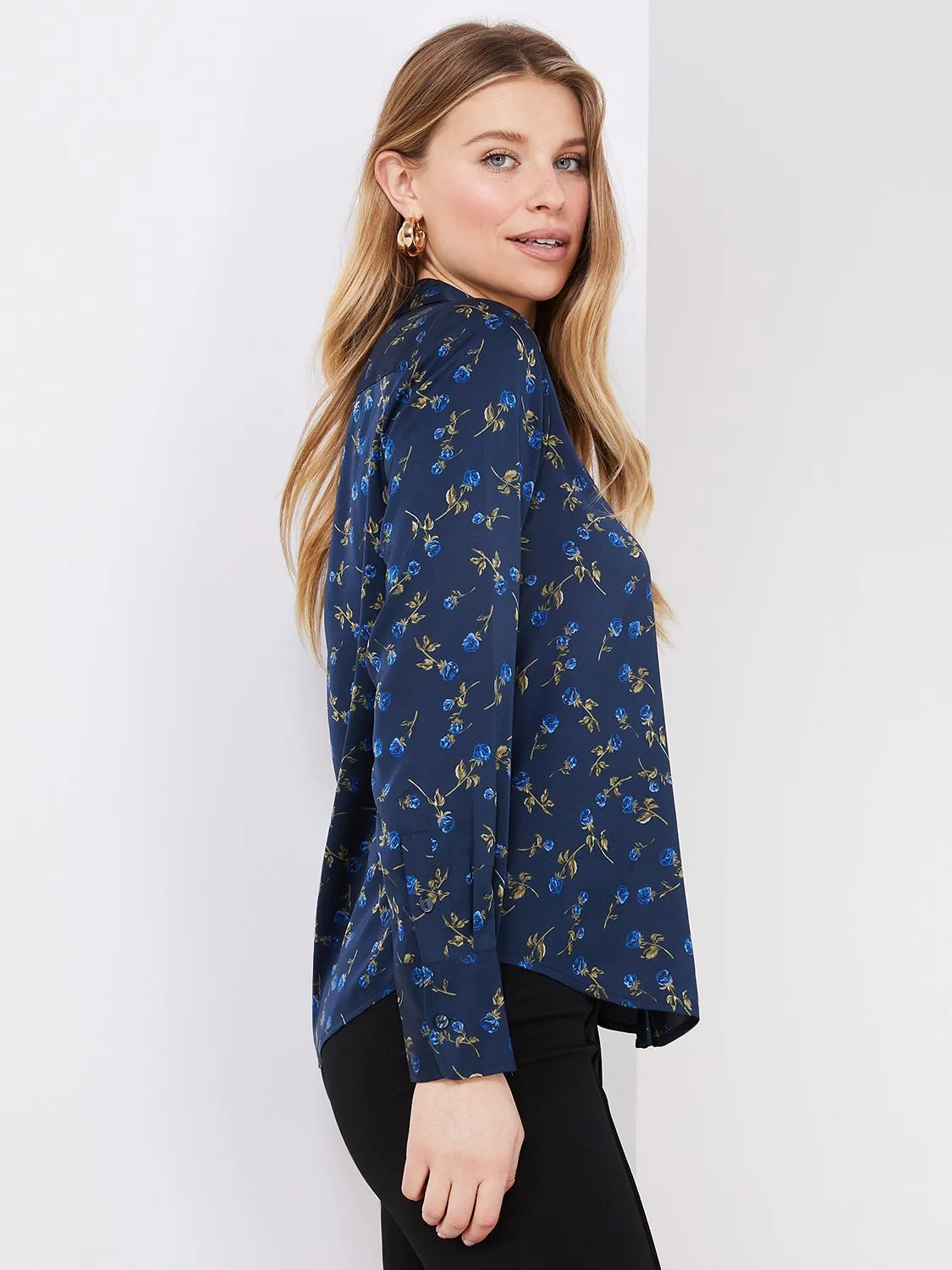 Floral Print Satin Split Neck Button-Front Blouse sold by Suzy Shier product image thumbnail 4