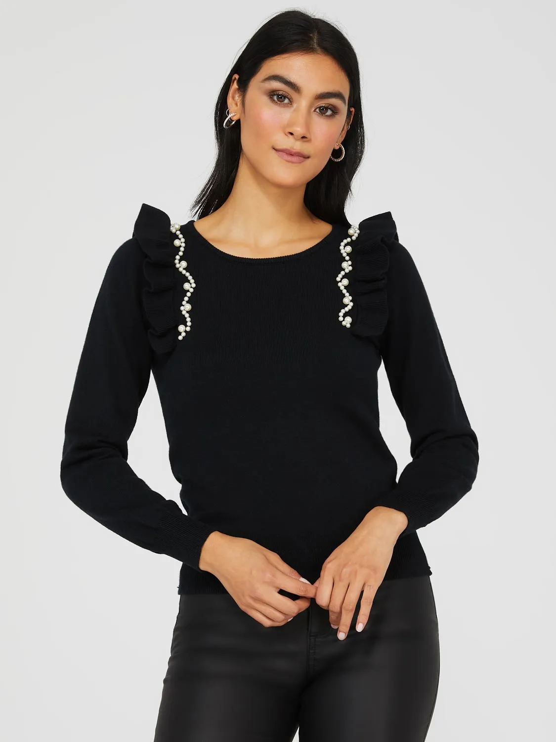 Pearl Embellished Ruffle Sweater sold by Suzy Shier
