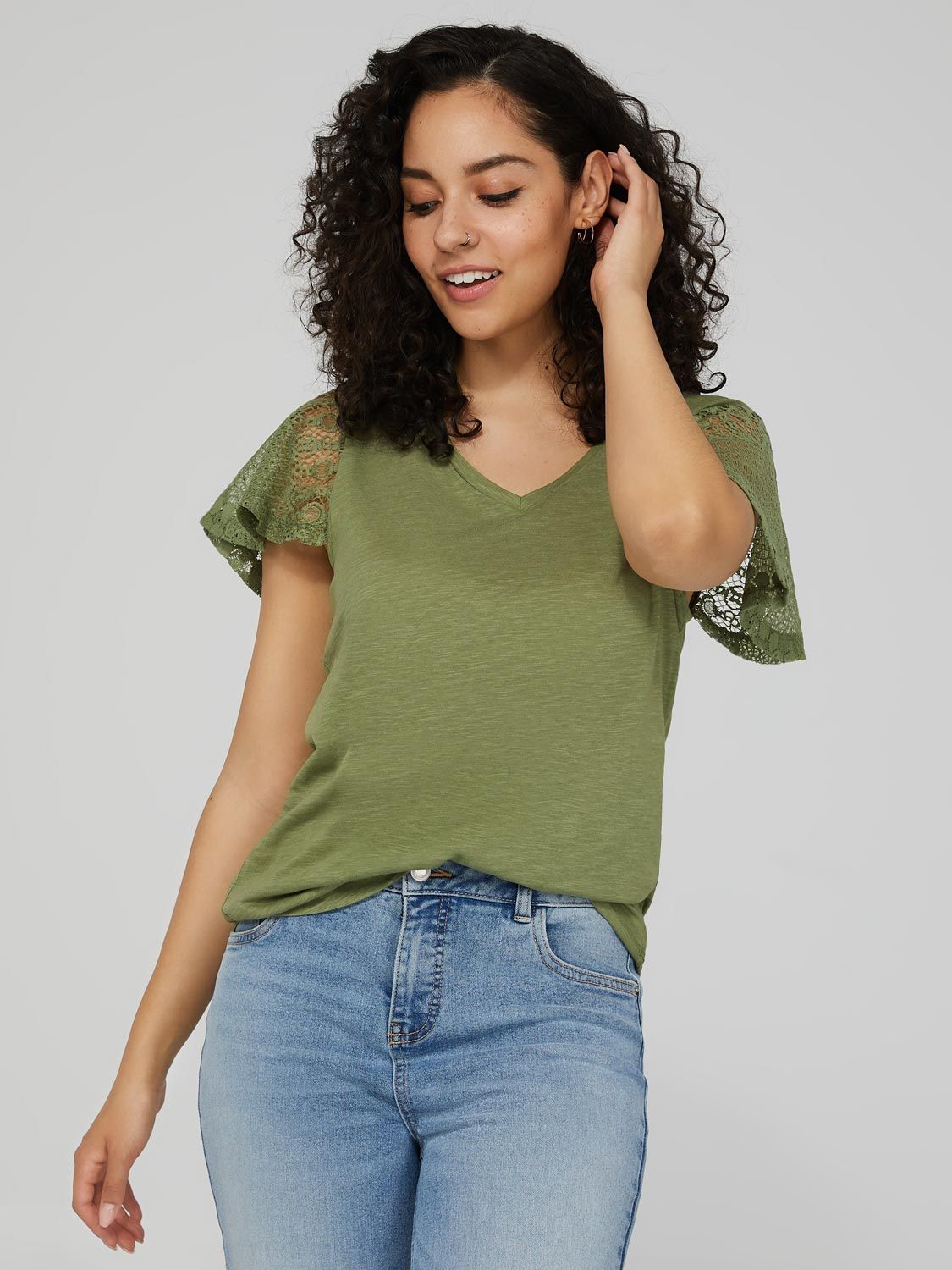 V-Neck Top With Lace Sleeves sold by Suzy Shier