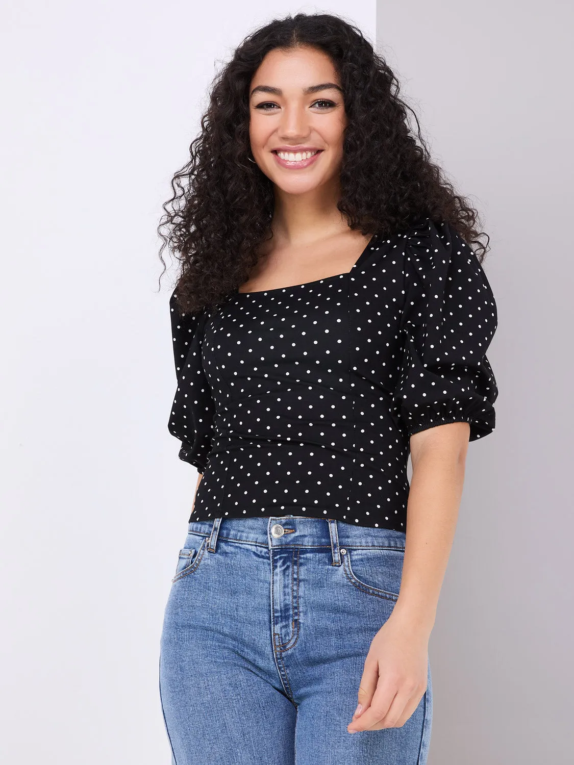 Dot Print Puff Sleeve Square Neck Top sold by Suzy Shier product image thumbnail 3