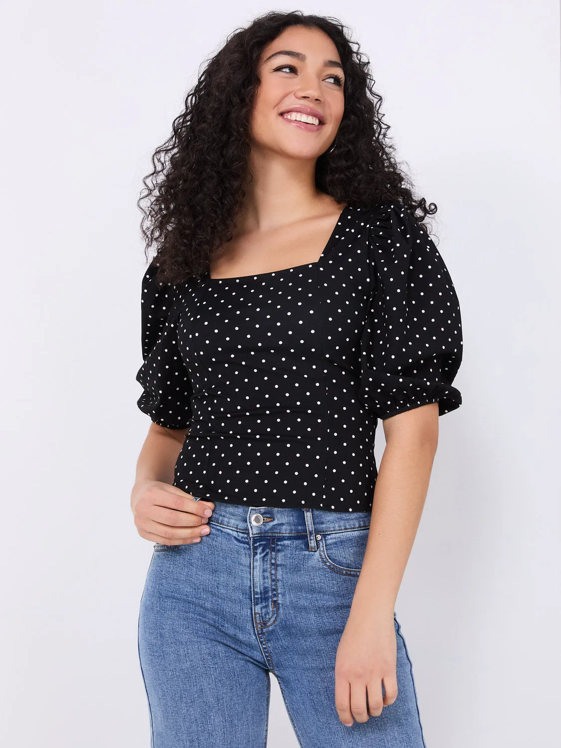 Dot Print Puff Sleeve Square Neck Top sold by Suzy Shier