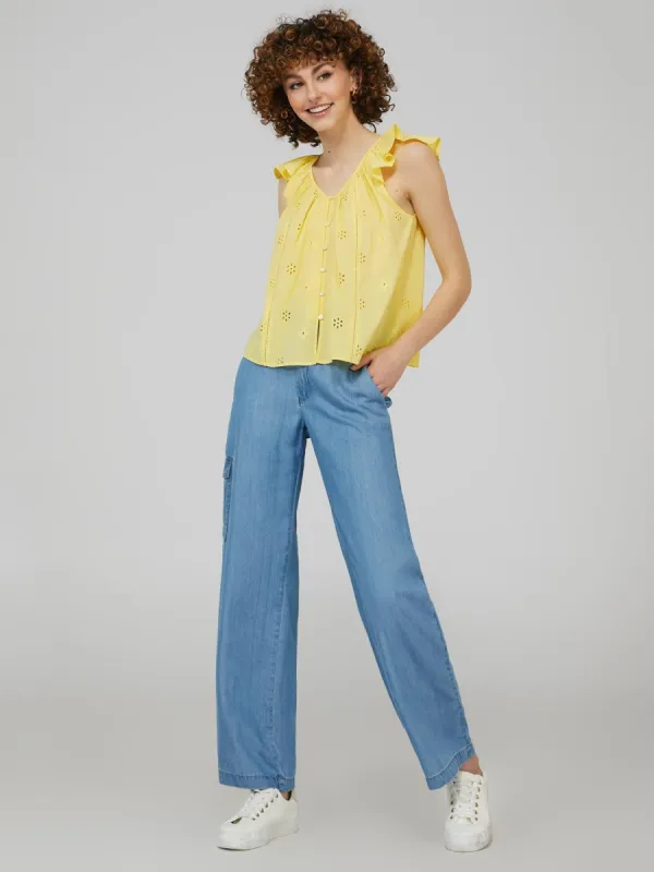 High-Rise Denim Lightweight Denim Cargo Pants sold by Suzy Shier