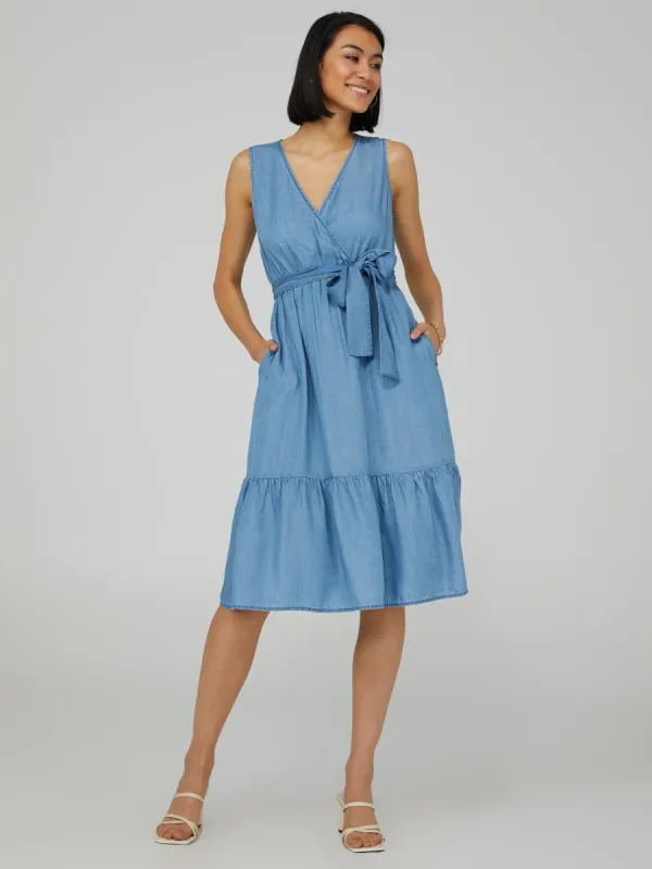 Cross Front Lightweight Denim Midi Dress With Pockets sold by Suzy Shier
