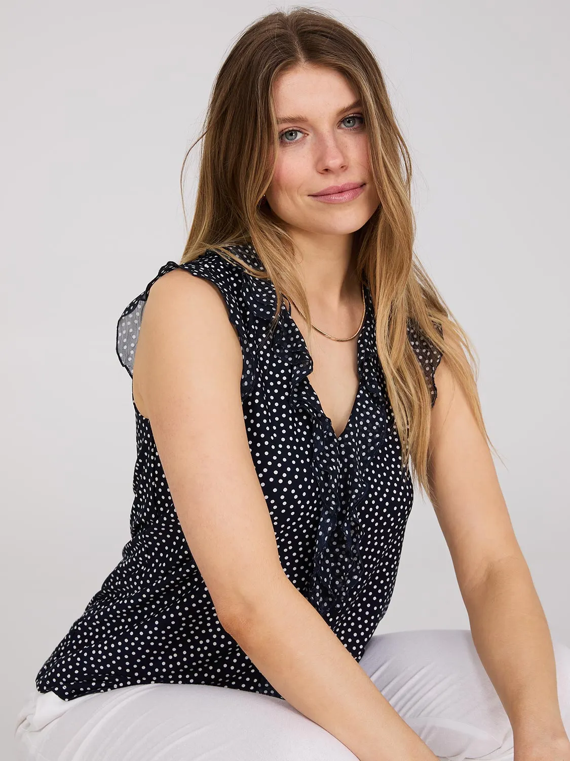 Dot Print Ruffle V-Neck Top sold by Suzy Shier product image thumbnail 2