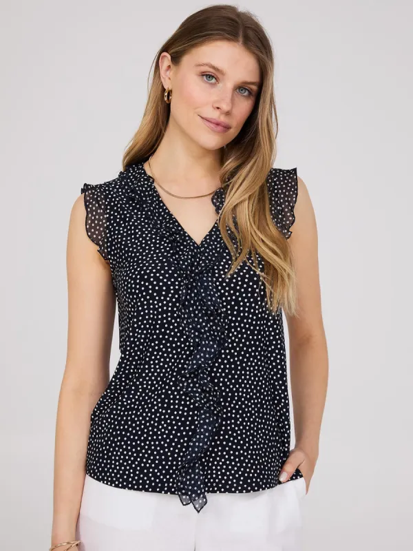 Dot Print Ruffle V-Neck Top sold by Suzy Shier