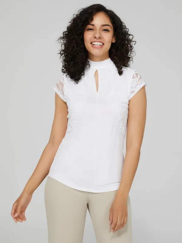 Keyhole Mock Neck Top With Lace Detail sold by Suzy Shier