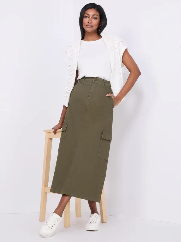 A-Line Cargo Midi Skirt sold by Suzy Shier