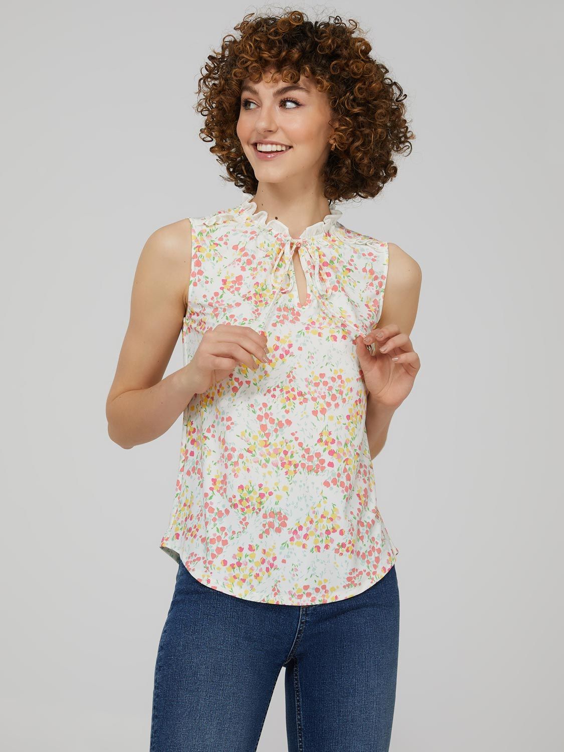 Floral Print Sleeveless V-Neck Top With Ruffle Detail sold by Suzy Shier