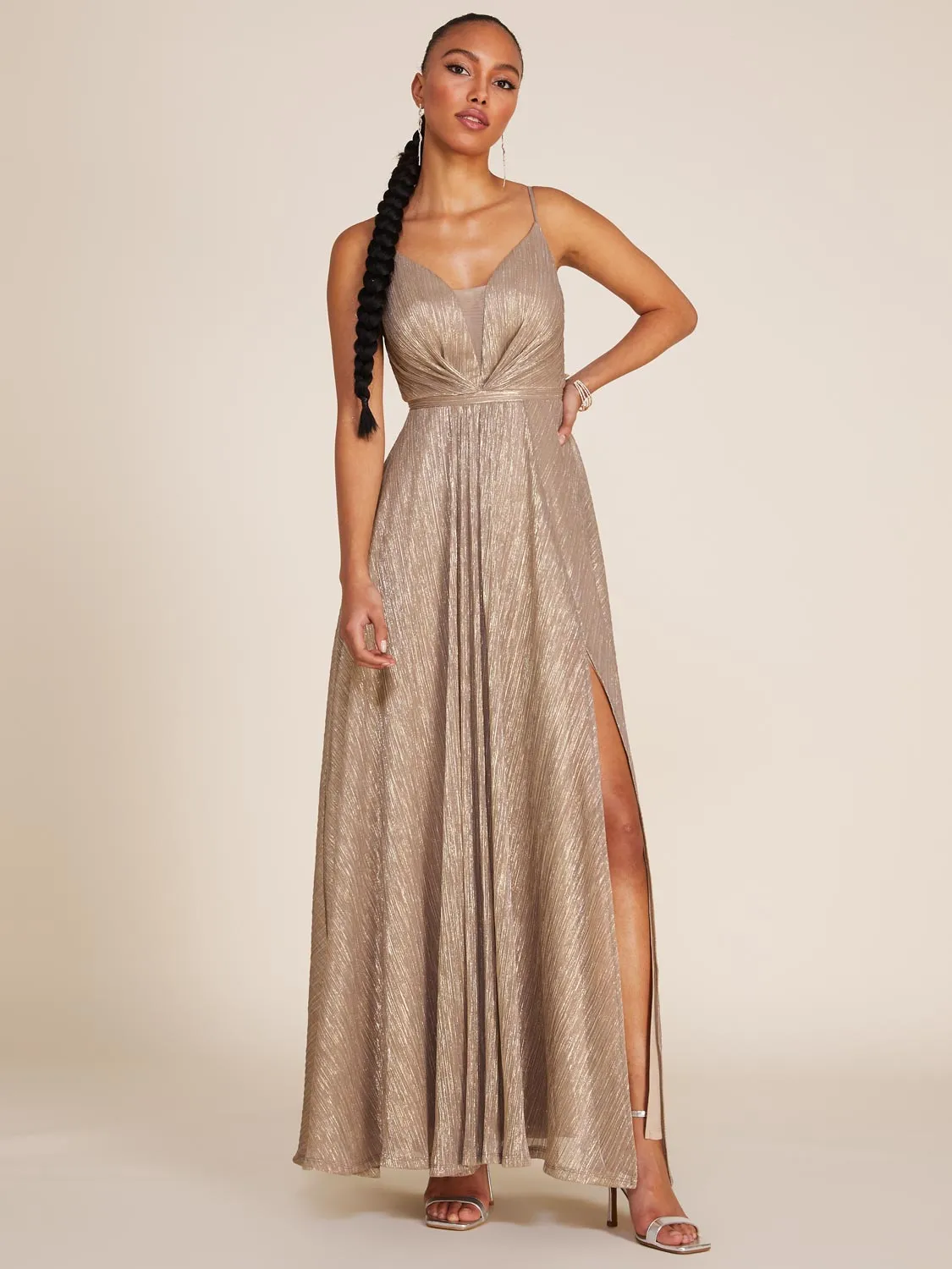 Sleeveless Crinkle Knit Gown sold by Suzy Shier