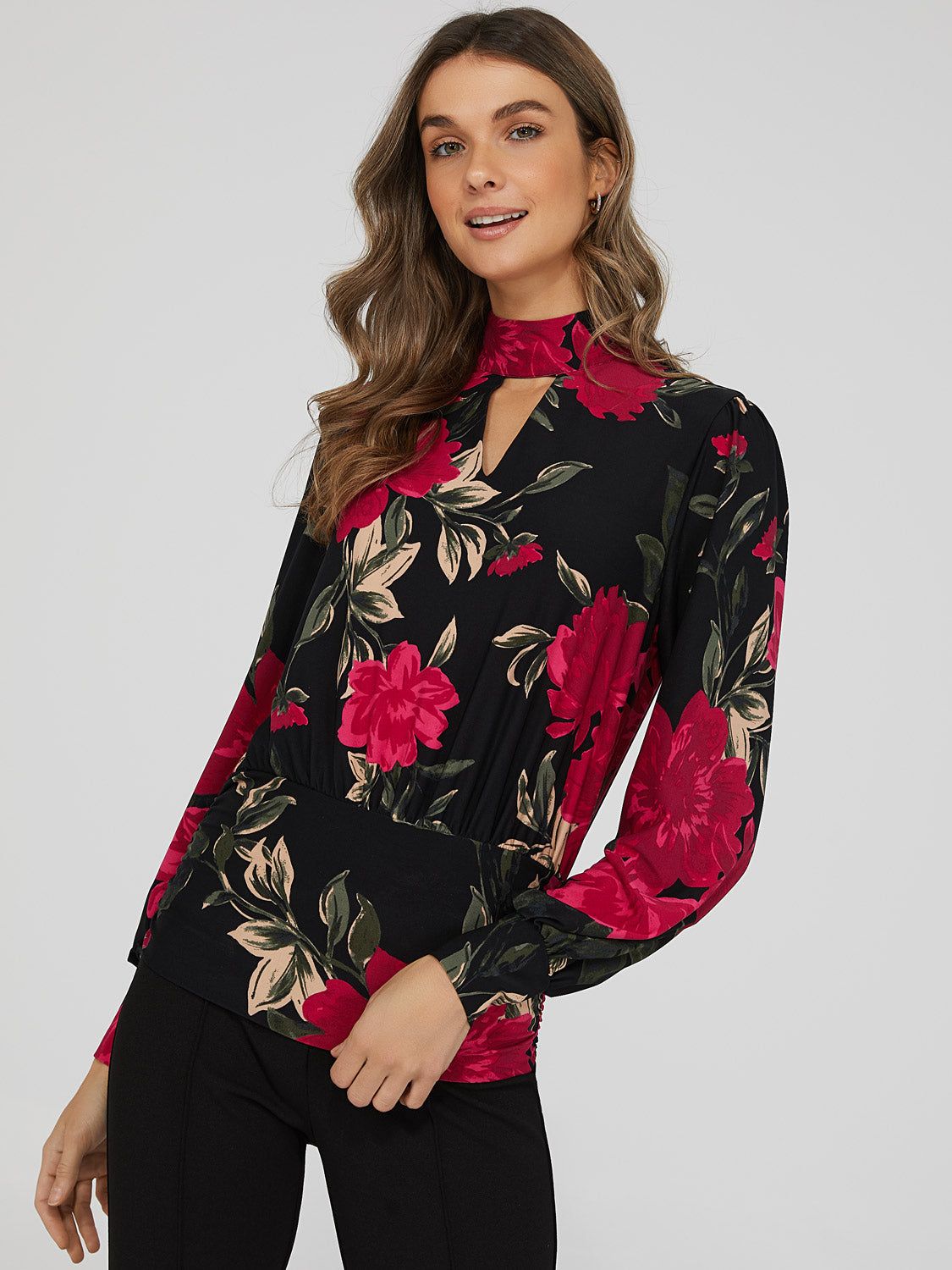 Floral Print Mock Neck Keyhole Top sold by Suzy Shier