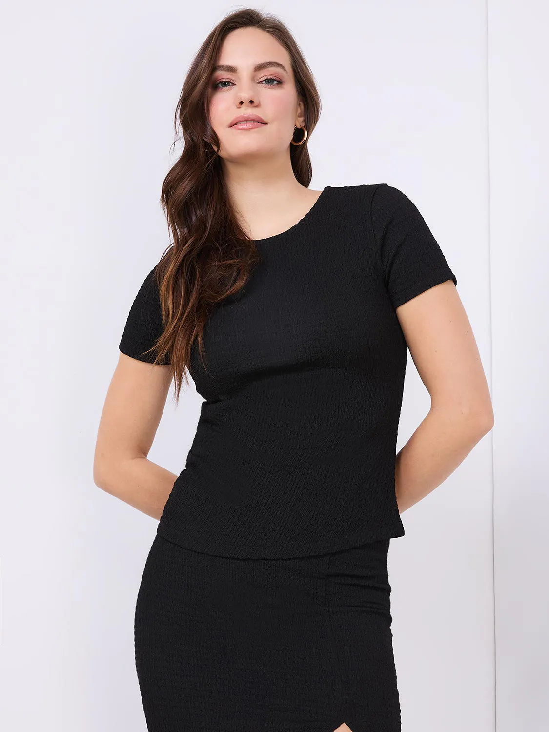 Textured Crew Neck Top With Pleat Details sold by Suzy Shier product image thumbnail 3