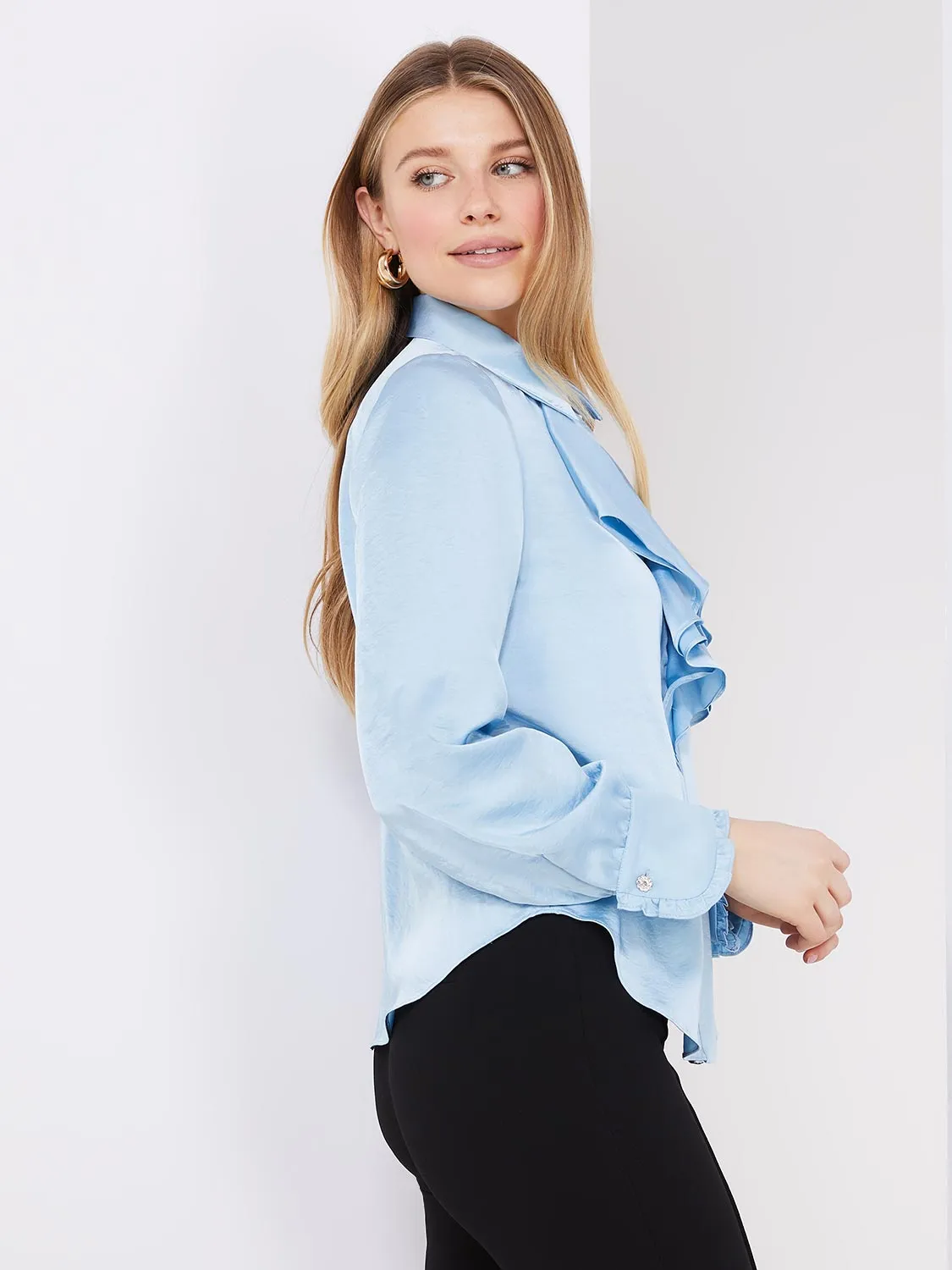 Button-Up Satin Blouse With Ruffle Front sold by Suzy Shier product image thumbnail 4