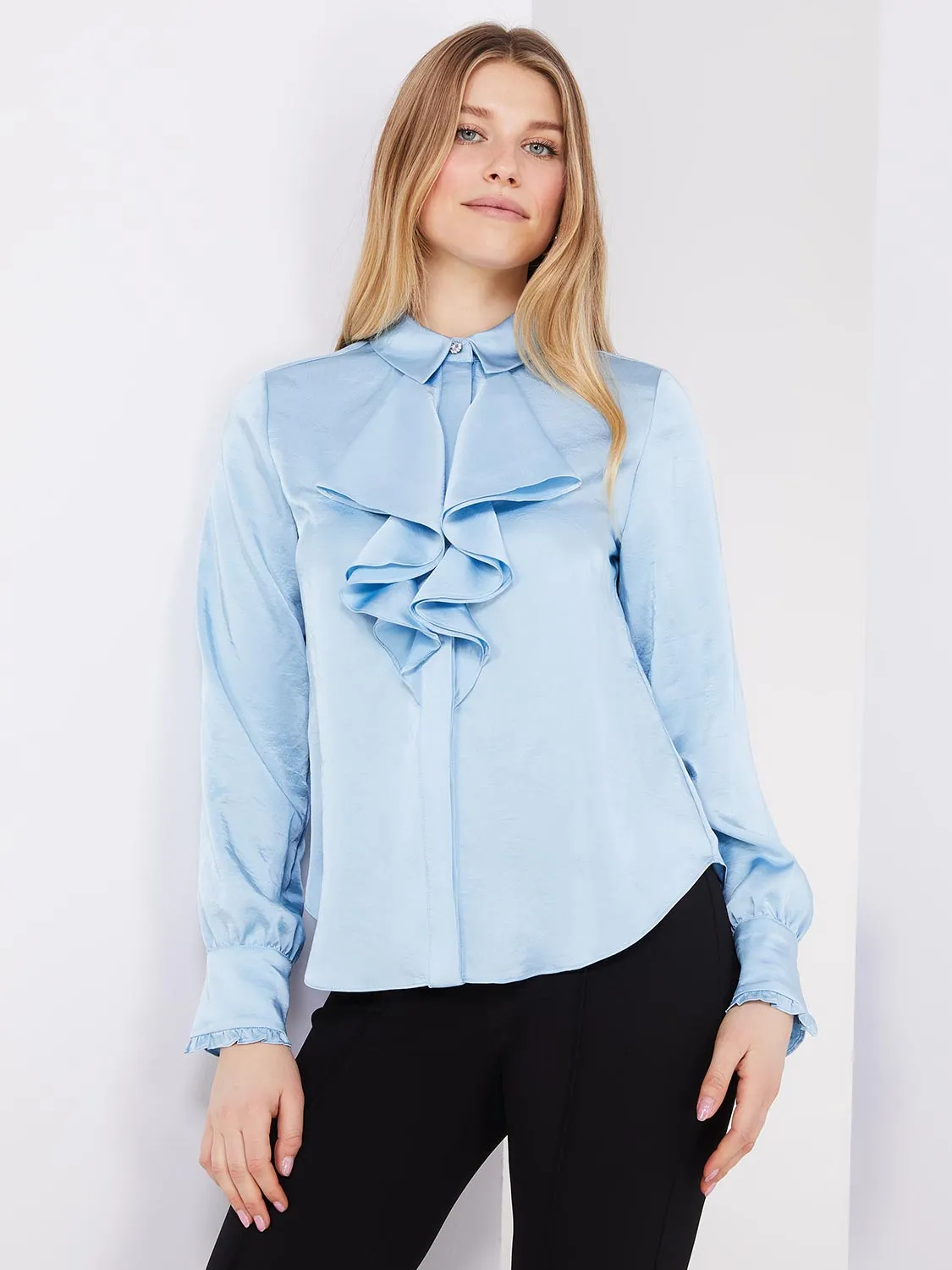 Button-Up Satin Blouse With Ruffle Front sold by Suzy Shier