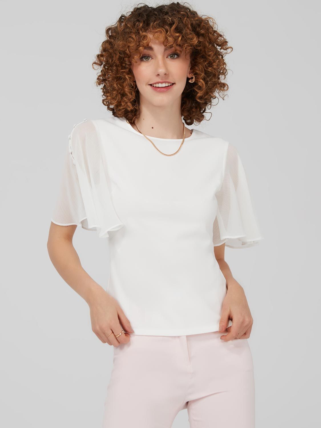 Crew Neck Top With Button Flutter Sleeves sold by Suzy Shier product image thumbnail 3