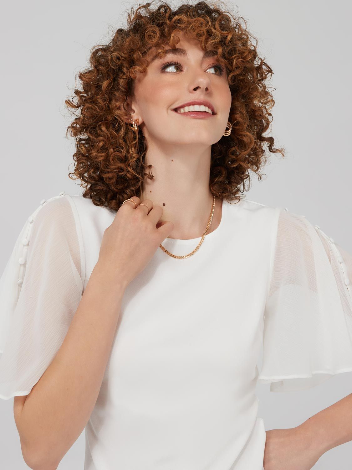 Crew Neck Top With Button Flutter Sleeves sold by Suzy Shier product image thumbnail 2