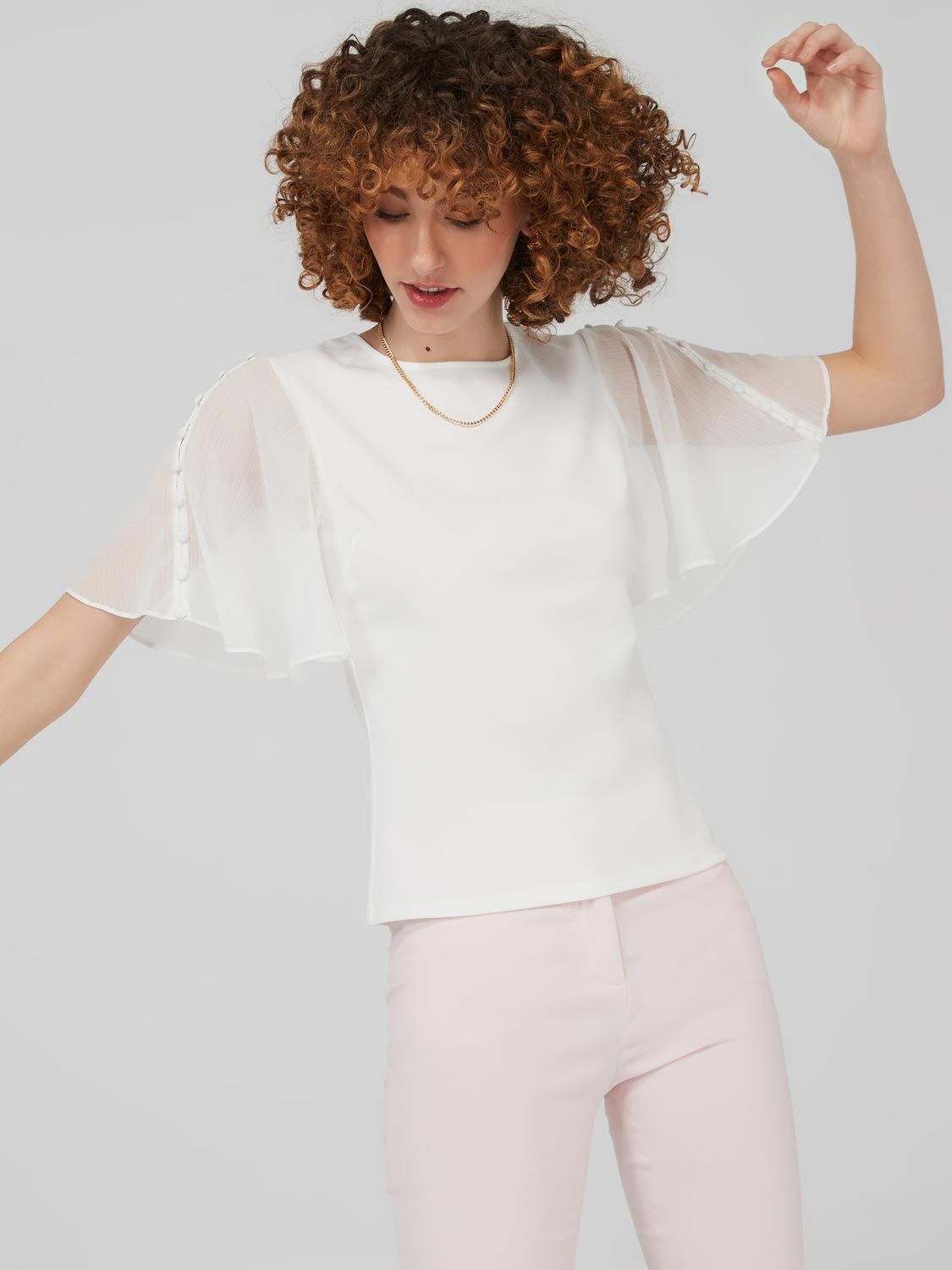 Crew Neck Top With Button Flutter Sleeves sold by Suzy Shier