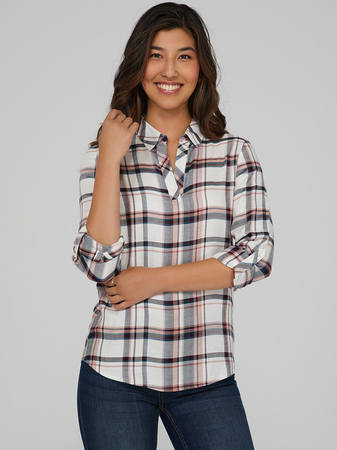 Plaid Tab Sleeve Shirt sold by Suzy Shier