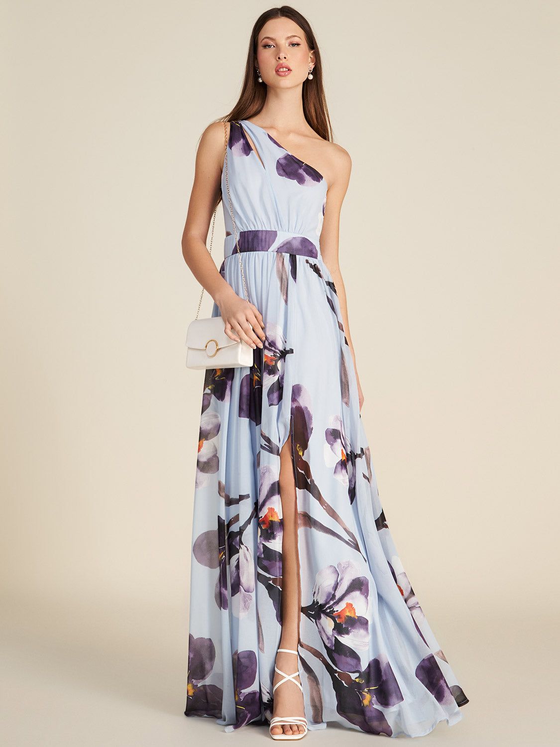 Printed One-Shoulder Chiffon Gown With Front Cutout sold by Suzy Shier product image thumbnail 2