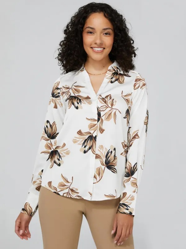Floral Print Satin Split Neck Button-Front Blouse sold by Suzy Shier