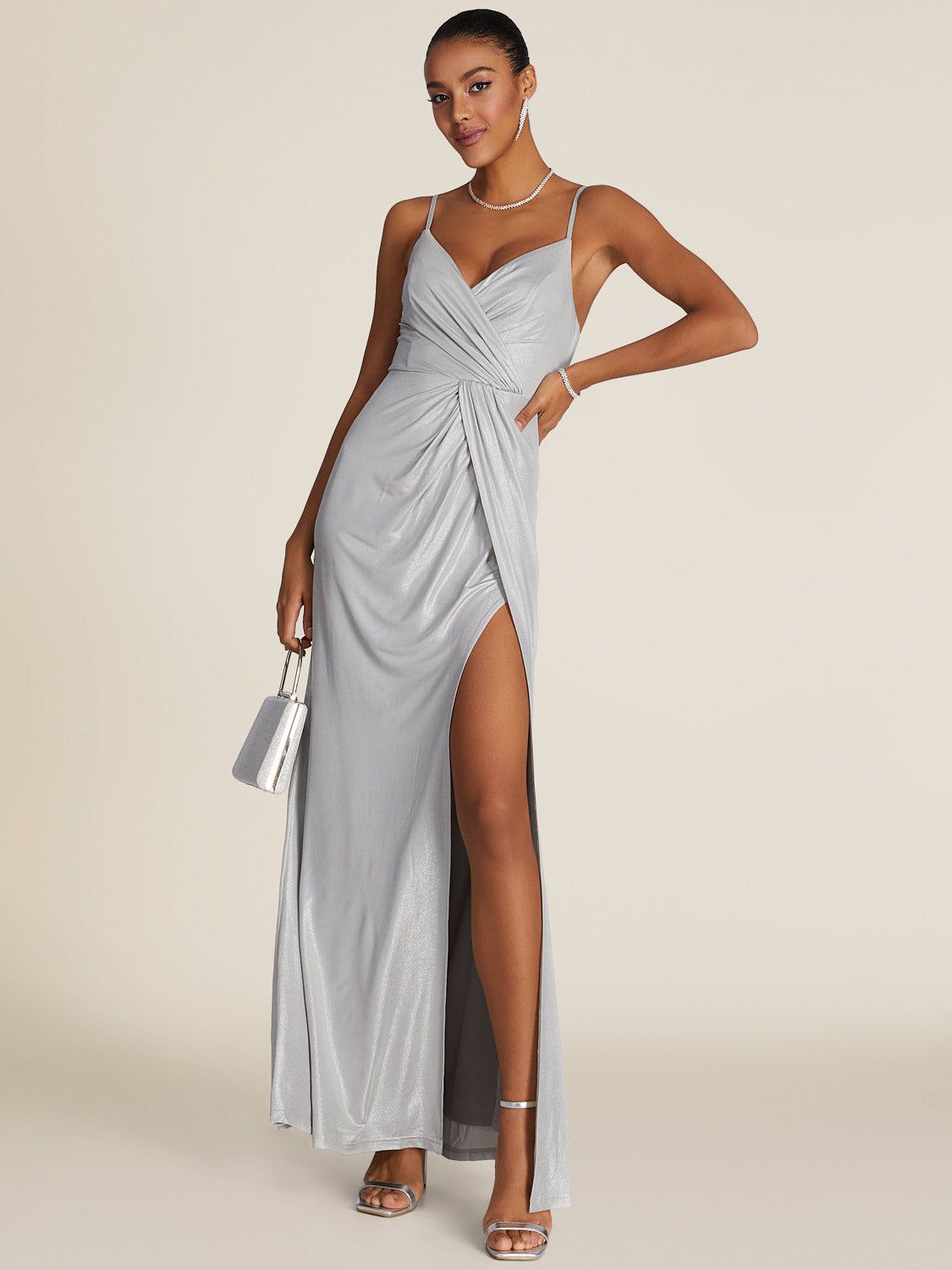 Ruched Wrap Gown With Crossover Neckline sold by Suzy Shier