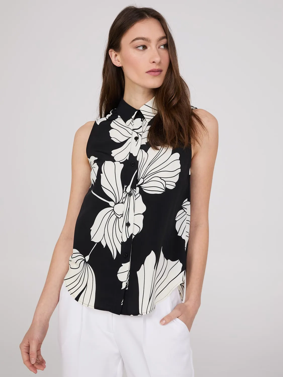 Sleeveless Floral Print Button-Front Blouse sold by Suzy Shier