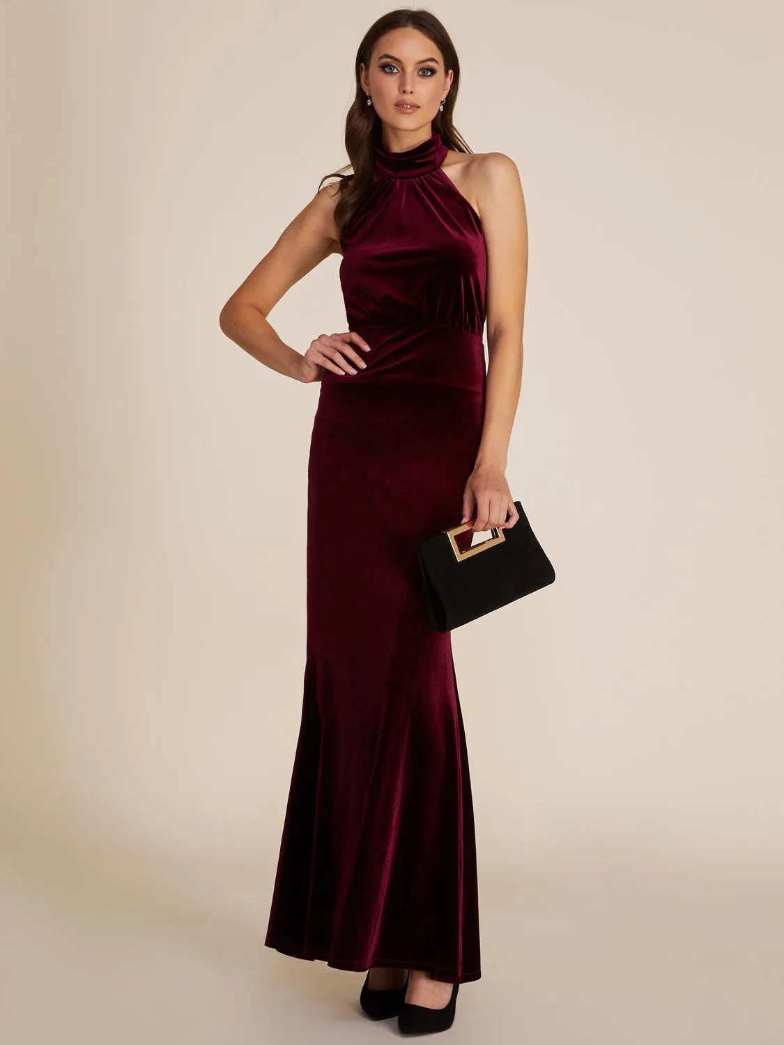 Halter Mock Neck Velvet Gown sold by Suzy Shier