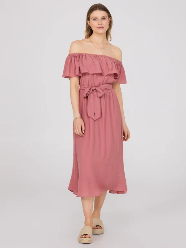 Off-The-Shoulder A-Line Midi Dress sold by Suzy Shier