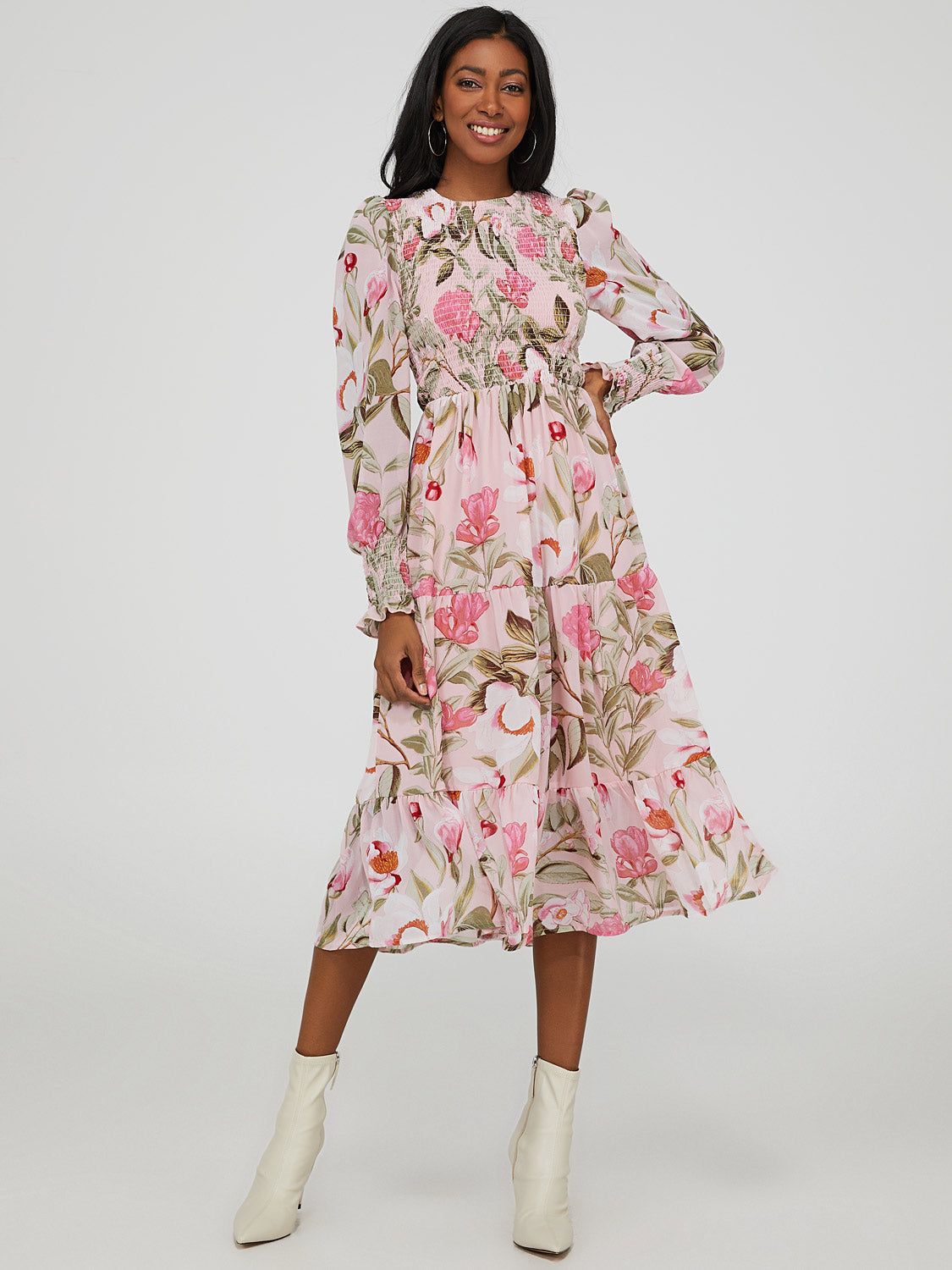 Smocked Chiffon Midi Dress sold by Suzy Shier