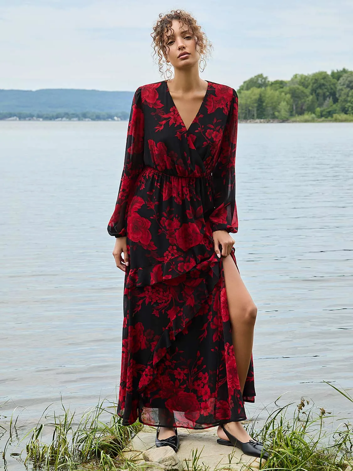 Chiffon Floral Print Ruffle Skirt Maxi Dress sold by Suzy Shier