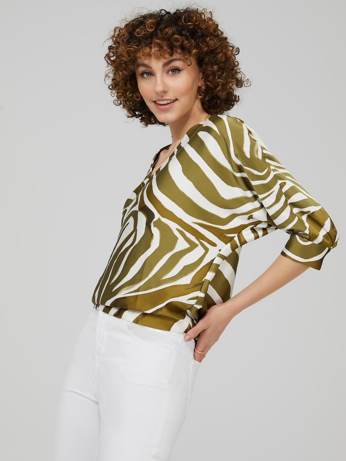 Printed Satin V-Neck Top With Dolman Sleeves sold by Suzy Shier product image thumbnail 4
