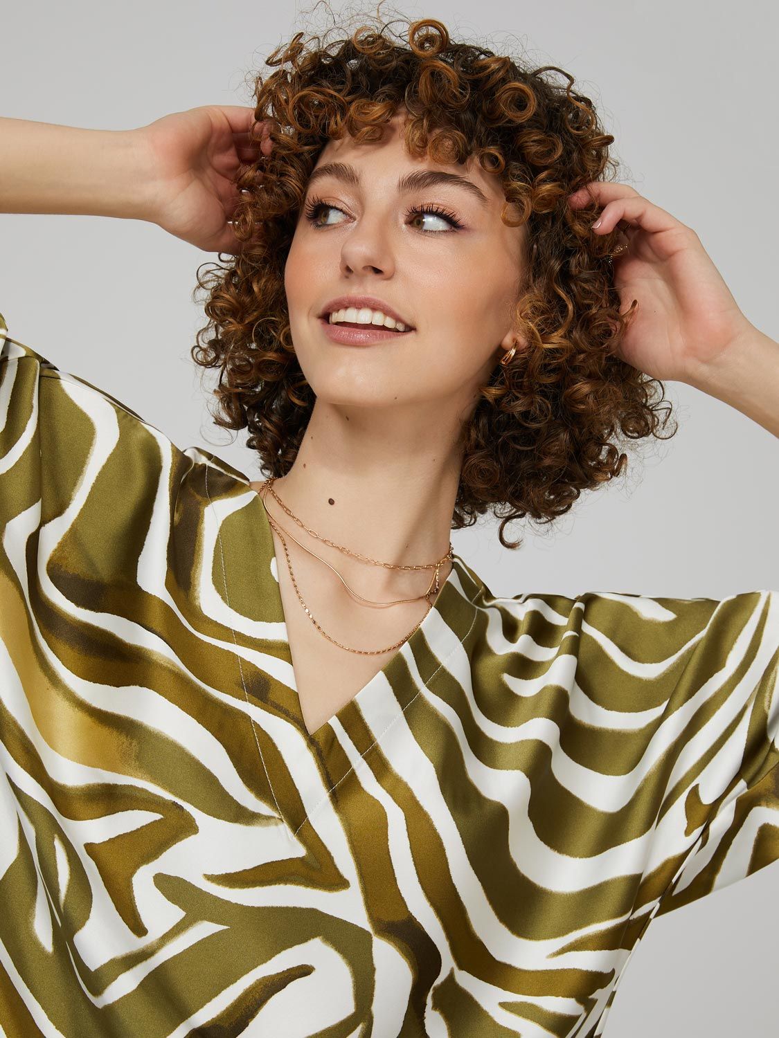 Printed Satin V-Neck Top With Dolman Sleeves sold by Suzy Shier product image thumbnail 3