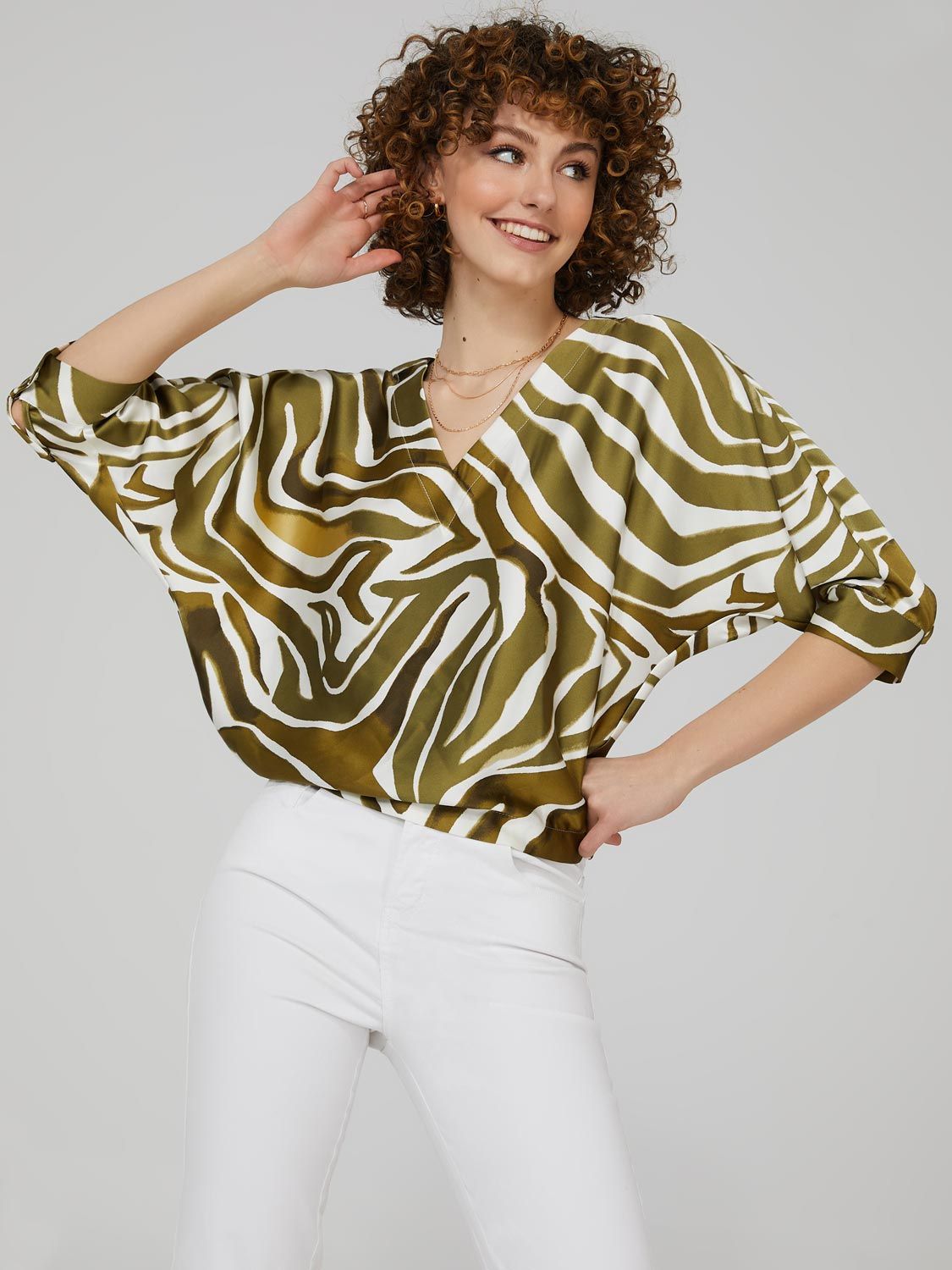 Printed Satin V-Neck Top With Dolman Sleeves sold by Suzy Shier product image thumbnail 2