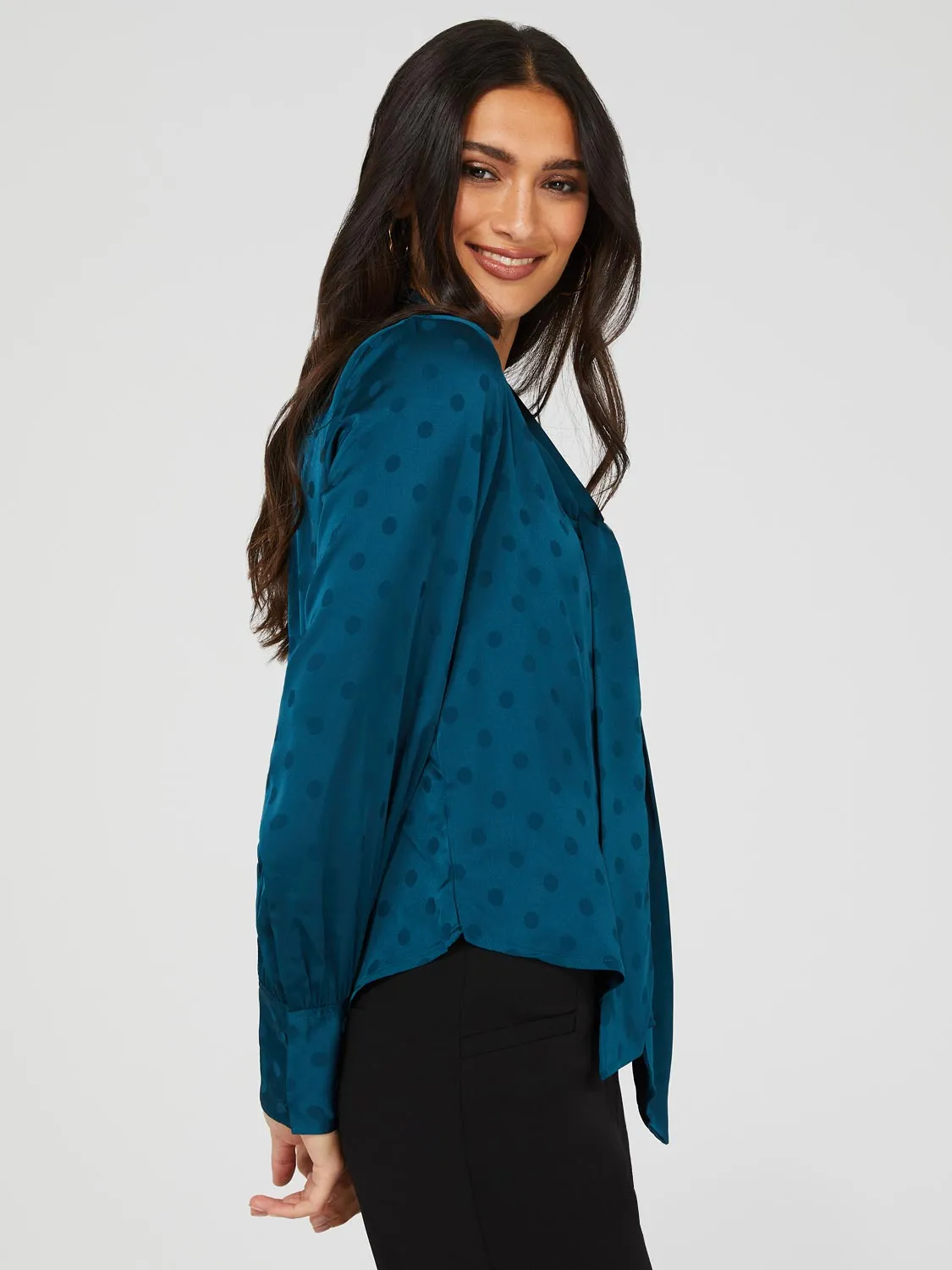 Polka Dot Jacquard Button-Front Bow Blouse sold by Suzy Shier product image thumbnail 5