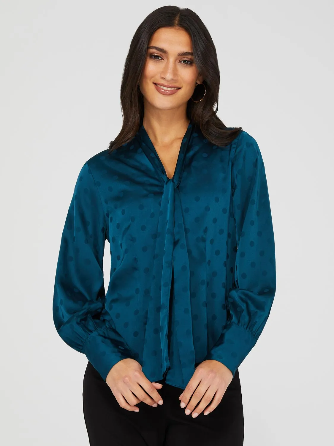 Polka Dot Jacquard Button-Front Bow Blouse sold by Suzy Shier