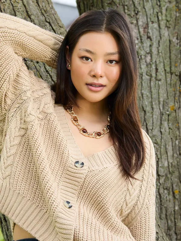 V-Neck Multi Cable Cardigan sold by Suzy Shier