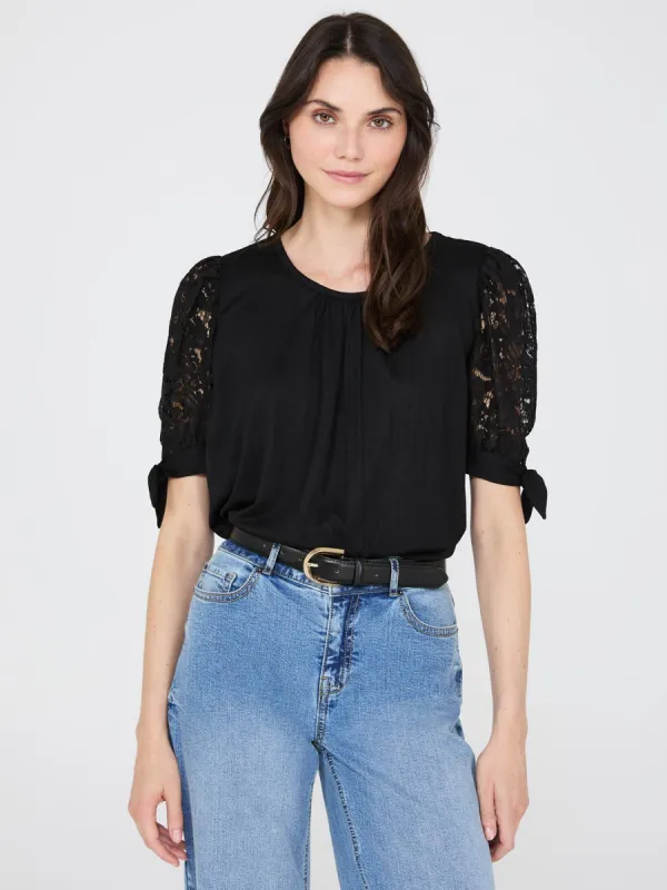Lace Tie Sleeve Pleated Top sold by Suzy Shier