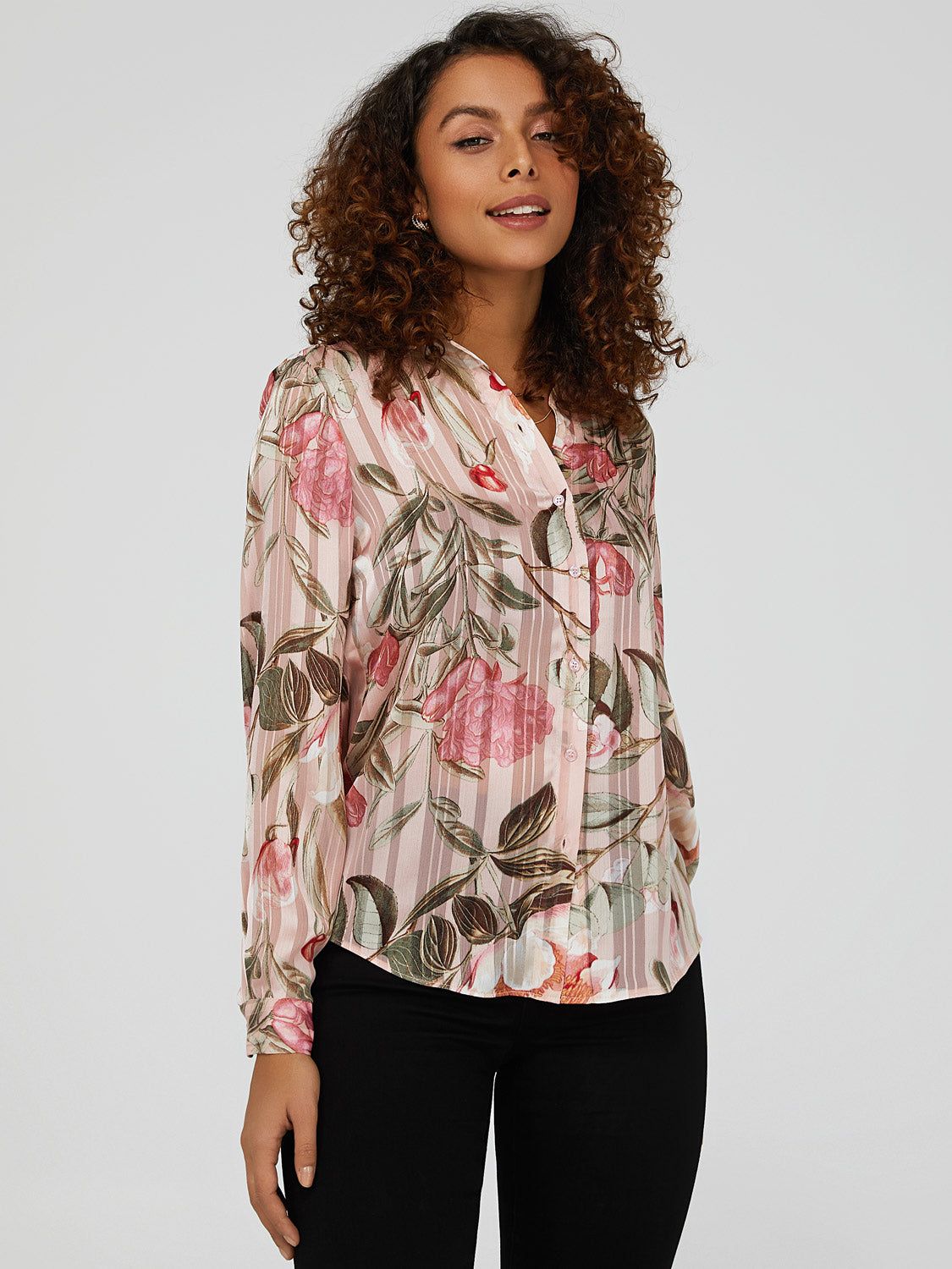 Printed Shadow Stripe Button Down Blouse sold by Suzy Shier product image thumbnail 4