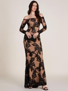 Off-The-Shoulder Sequins On Mesh Fitted Gown sold by Suzy Shier