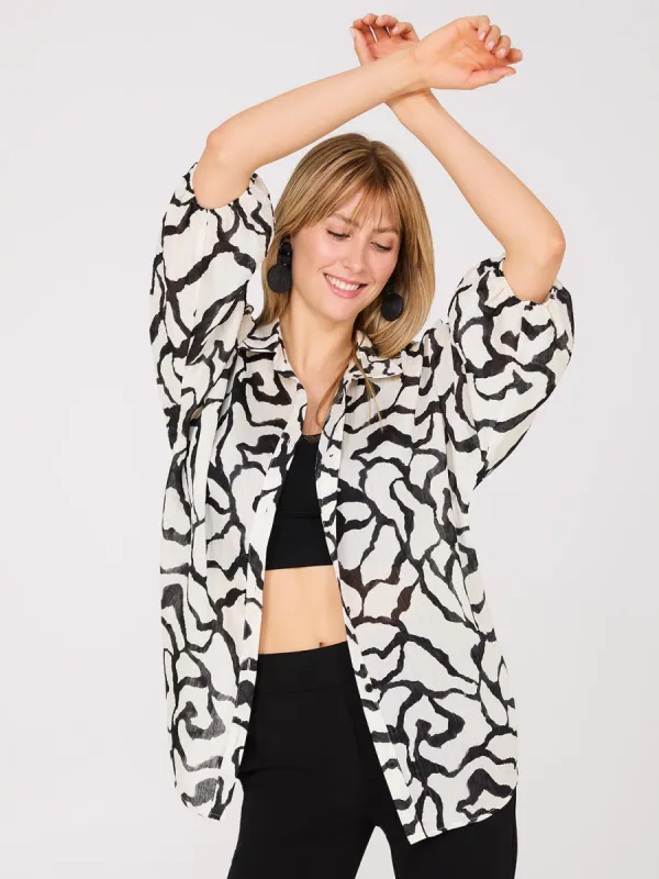 Abstract Print Crinkle Button-Front Blouse sold by Suzy Shier
