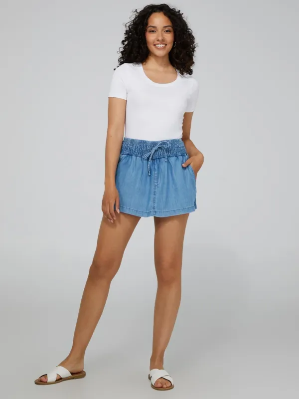 Pull-On Lightweight Denim Skort With Smocked Waistband sold by Suzy Shier