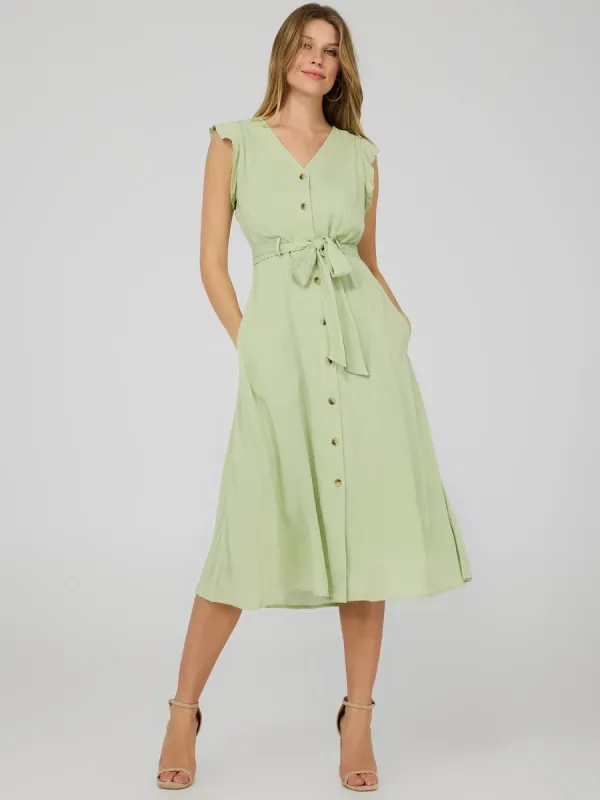 Flutter Sleeve Button-Front Midi Dress sold by Suzy Shier