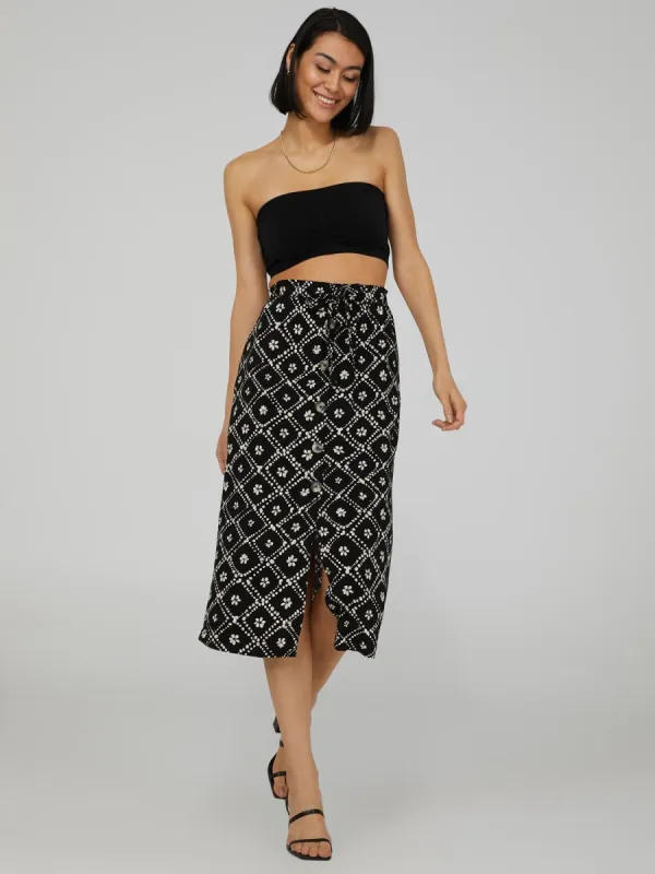 Printed Button-Front Midi Skirt sold by Suzy Shier