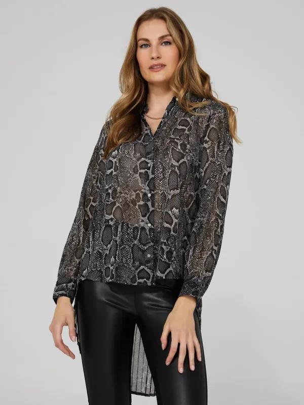 Snakeskin Print High-Low Button-Front Blouse sold by Suzy Shier