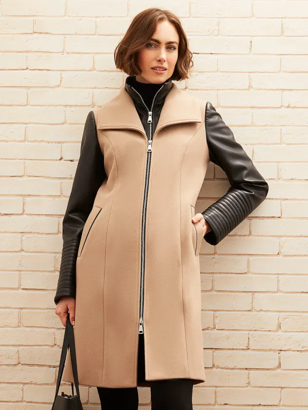 Mid-Length Coat With Faux Leather Details sold by Suzy Shier
