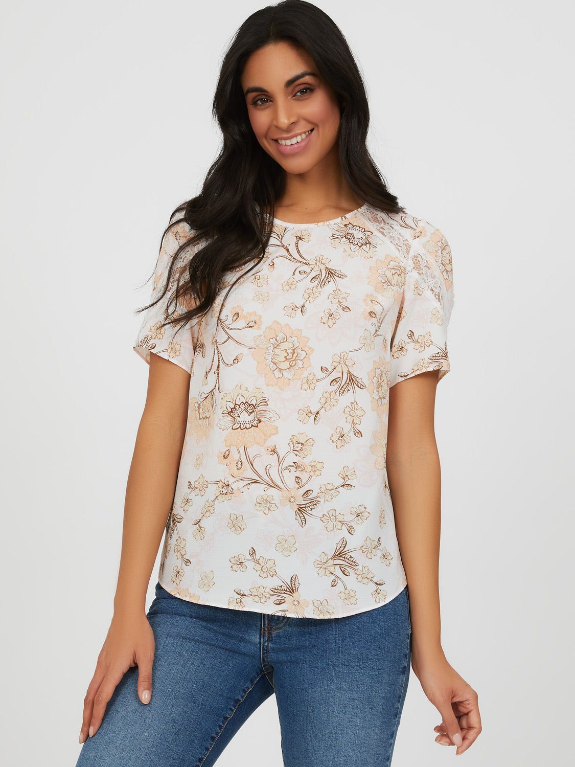 Short Sleeve Lace Trim Printed Blouse sold by Suzy Shier product image thumbnail 3